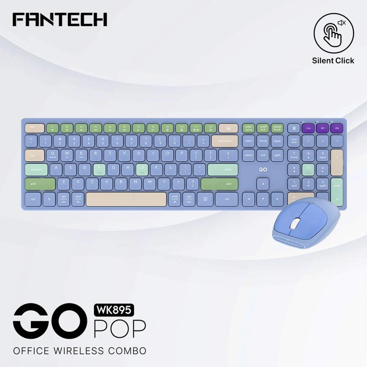 FANTECH Keyboard Blue Fantech GO POP WK895 Kit Office Combo keyboard and mouse Wireless Dual Mode  Silent Switches & Multimedia Function Keys (Gray + Black + beige + Blue ) For Mac & Win