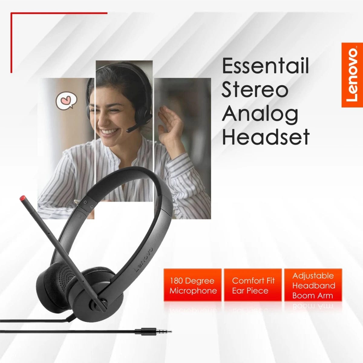 LENOVO headset Lenovo Essential Stereo Analog Headset Wire Jake (3.5mm) Headphone Swivel Mic Boom Comfortable Ear Pieces 4XD0K25030