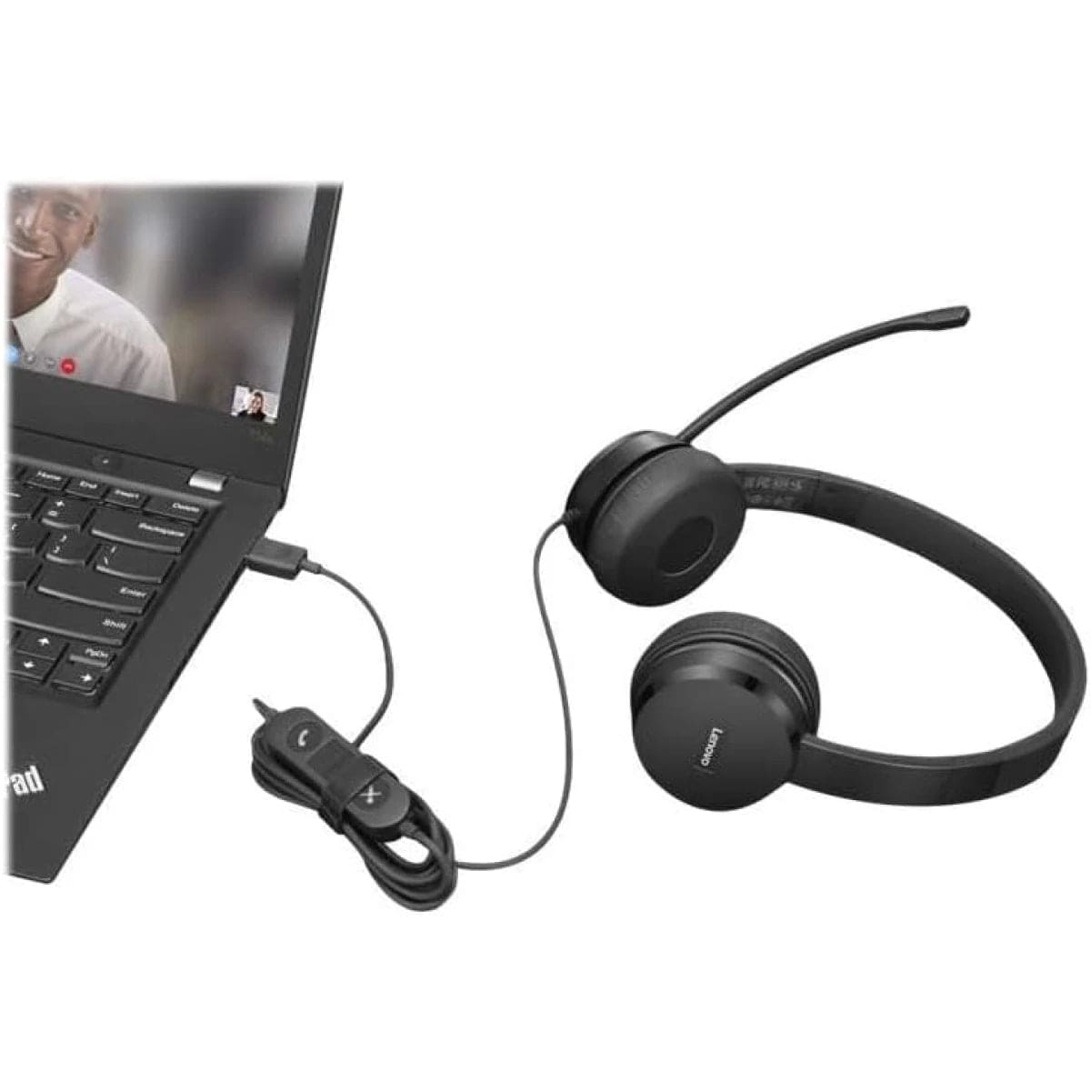 LENOVO headset Lenovo USB-A Stereo On-Ear Business Lightweight Headset w/ Control Box & Noise Cancellation - Black 4XD1K18260